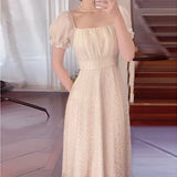 IFOMT Women Dress Short Sleeve Embroidery Print Midi Dress A-Line High Waist Evening Night Party Elegant Dress Summer Vestidos