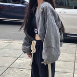 IFOMT Y2k Grunge Cross Crop Grey Denim Jackets Women Hippie Streetwear 90s Oversize Zip Jackets Harajuku Kpop Coat Female