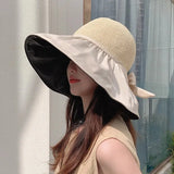 IFOMT Summer Women Bucket Hat UV Protection Sun Hats Solid Color Soft Foldable Wide Brim Outdoor Beach Panama Cap Ponytail Caps