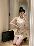 IFOMT Spring Outfit Korean style Fashion Small Fragrance Sequins Two Piece Set Women Halter Top + Skirt Sets Summer Tweed Sweet 2 Piece Suits