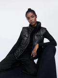 Ifomt  Winter Fashion Women Puffy Vest Thick Warm Parkas Jacket Black Pu Female Coats Faux Leather Down Waistcoat