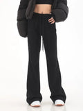 Ifomt Vintage Black Boot Cut Pants Women Chic High Waist Drawstring Casual Sweatpants Korean Style Cleanfit Design Long Pants
