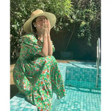 IFOMT Women Dress Summer Short Sleeve Green Print Floral Dress A-Line High Waist Simple Casual Midi Beach Dress Korean Vestidos