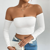 IFOMT Off Shoulder Crop T-Shirt, Casual Long Sleeve Top For Spring & Fall, Women's Clothing