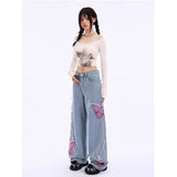 IFOMT Blue Butterfly Mop Baggy Jeans Women's Vintage 90s Aesthetic Clothes Y2k Denim Trousers 2000s Harajuku Wide Leg Pants Female