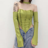 IFOMT Women's Fairycore Y2K Crop Tops Halter Neck Cold Shoulder Silt Long Sleeve Solid Color Slim Triangle Hem Chic T-Shirt
