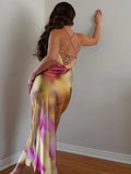 IFOMT Sexy Open Back Tie Elegant Party Dress Summer Slip Dress For Women 2024 Cowl Neck Spaghetti Strap Tie Dye Print Midi Dress