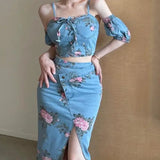 IFOMT Spring Outfit Korean Summer Denim Three-piece Women's New Slimpuff sleeve  + Small Sling + High Waist Half-length Bag Hip Skirt Suit