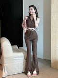 IFOMT Spring Outfit Womens Pants Set Sexy V-neck Vest Crop Top and Bell-bottoms Summer Suit Fashion 2 Piece Set Women Outfits Ensemble Femme New