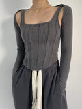 IFOMT Women Striped Stitching Slim T-shirt Female 2 In 1 Shrug Set Co-ord Crop Shrug And Corset Tank Tops Set Y2k Streetwear New