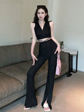 IFOMT Spring Outfit Womens Pants Set Sexy V-neck Vest Crop Top and Bell-bottoms Summer Suit Fashion 2 Piece Set Women Outfits Ensemble Femme New