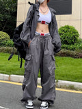 IFOMT Y2K Parachute Black Pants Women Hippie Streetwear Oversize Pockets Cargo Trousers Harajuku Wide Leg Baggy Sweatpants