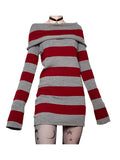 IFOMT Women Mini Bodycon Dress Stripe Boat-Neck Long Sleeve Short Dress Spring Autumn Wrapped Hip Party Dress