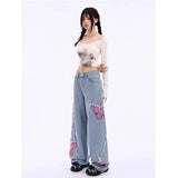 IFOMT Blue Butterfly Mop Baggy Jeans Women's Vintage 90s Aesthetic Clothes Y2k Denim Trousers 2000s Harajuku Wide Leg Pants Female