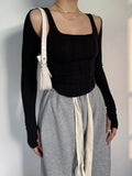 IFOMT Women Striped Stitching Slim T-shirt Female 2 In 1 Shrug Set Co-ord Crop Shrug And Corset Tank Tops Set Y2k Streetwear New
