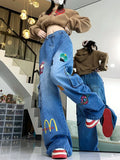 IFOMT American Pink Cartoon Embroidered Baggy Cargo Mom Jeans for Women 2024 Spring New Waist Slimming Wide Leg Pants Trousers Female