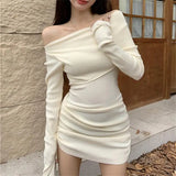 IFOMT Autumn and Winter New Apricot Off Shoulder Slim Fit Pleated Mini Dress Women's Long Sleeve Sexy Dresses Bodycon Hip Wrap Skirt