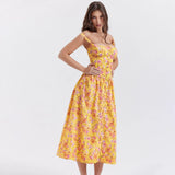 IFOMT Summer Dress 2024 New Arrivals Casual Yellow Floral Print Dress Elegant Lace Up Party Dresses Sexy Women's Clothing