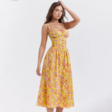 IFOMT Summer Dress 2024 New Arrivals Casual Yellow Floral Print Dress Elegant Lace Up Party Dresses Sexy Women's Clothing