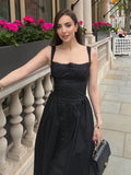 IFOMT Summer Black Spaghetti Strap Holiday Party Dresses Elegant Midi Button Lace Up Dress Casual Women New In Dress 2024
