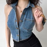 IFOMT Spring Outfit 2024 New Retro Sexy Style Tight-fitting Thin Casual Denim Vest Women's Solid Color Lapel Short Tank Top0505