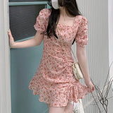 IFOMT Spring Outfit 1pc Sweet Fragment Floral Dress Shirr Sweet Ruffle Dress Puff Sleeve Girls Summer Short Dress Fashion Sexy Slim Mini Lace Dress
