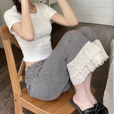 Ifomt Vintage Plaid Lace Casual Pants for Women Japanese Harajuku Korean Fashion Oversized Check Straight Trouser Wide Leg Loose