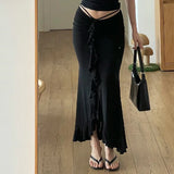 IFOMT Summer Women's Skirt Lace-up Folds Black Streetwear Casual Fashion Slim High Wais Straight Skirt Party Sexy Ankle-Length Skirts
