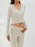 IFOMT Women Cozy Ribbed Knit Lounge Set Long Sleeve Zip Up Hoodie with High Waist Wide Leg Pant 2 Piece Loungewear Ensemble Casual Set