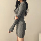 IFOMT Sexy V-neck Long-sleeved Knitted Dress Women Spring and Autumn All Match Small Slim Tight Sweater Bottom Wrap Hip Skirt Dress