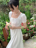 IFOMT White Black Short Sleeve Vintage Midi Dress A-Line High Waist Elegant Dress Summer Beach