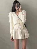 IFOMT Y2K Korean Knitted 2 Piece Set Single Breasted V-neck Top High Waist Mini Pleated Skirt Autumn Spring Casual Solid Knitwear Suit