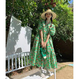 IFOMT Women Dress Summer Short Sleeve Green Print Floral Dress A-Line High Waist Simple Casual Midi Beach Dress Korean Vestidos