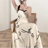IFOMT Halter Spaghetti Strap Dress Print Floral Vintage Midi Dress A-Line High Waist Elegant Dress Summer Dress Women Vestidos