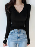 IFOMT 2024 Fashion Woman tops y2k style Casual V Neck Black Long Sleeve Top