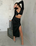 IFOMT 2024 New Fashion Dress Woman Style  V-Neck Crop Slit Maxi Skirt Set in Black - Noxlook