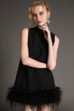 Ifomt Black Sleeveless Mock Neck Feather-Trimmed Mini Dress