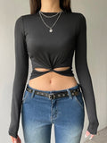 IFOMT 2024 Fashion Woman tops y2k style Black Twisted Fold Long Sleeve  Cropped Top