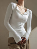 IFOMT 2024 Fashion Woman tops y2k style Casual V Neck Long Sleeve Top
