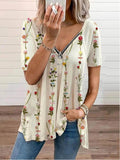 2022  women's V-neck blouse with zipper retro zipper print short-sleeved top ladies shirt
