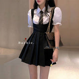 Back to college Women Dress Sets Preppy Style Slim High Street Girl Sweet Ins Puff Sleeve Shirts Pleated Dresses Student Harajuku Ulzzang JK Hot