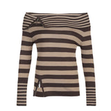 IFOMT 2024 Fashion Woman tops y2k style Vintage Brown Stripe Zipper Off Shoulder Sweater