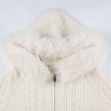 IFOMT 2024 Fashion Woman tops y2k style White Twisted Fluffy Zip Up Knitted Sweater