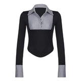 IFOMT 2024 Fashion Woman tops y2k style Stripe Patchwork Long Sleeve Pullover Buttons Top