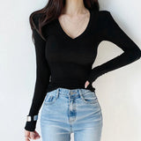 IFOMT 2024 Fashion Woman tops y2k style Casual V Neck Black Long Sleeve Top