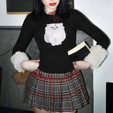 IFOMT 2024 Fashion Woman tops y2k style Vintage Cat Print Faux Fur Trim Long Sleeve Top