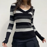 IFOMT 2024 Fashion Woman tops y2k style Vintage V Neck Stripe Long Sleeves Sweater