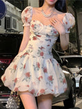 IFOMT  Women Elegant Floral Print Y2k Mini Dress Summer Sweet Puff Slevee Slim Cute Party Dress Female Holiday Beach Dress