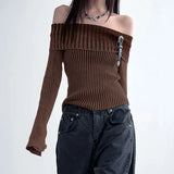 IFOMT 2024 Fashion Woman tops y2k style Vintage Brown Stripe Buckle Off Shoulder Sweater