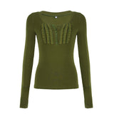 IFOMT 2024 Fashion Woman tops y2k style Green Long Sleeve Slim Stitch Ruched Buttons Top